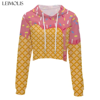 

LEIMOLIS crop top hoodie women 3d print pink Ice cream Unicorn flower casual harajuku kawaii Spring Autumn Thin tops sweatshirt