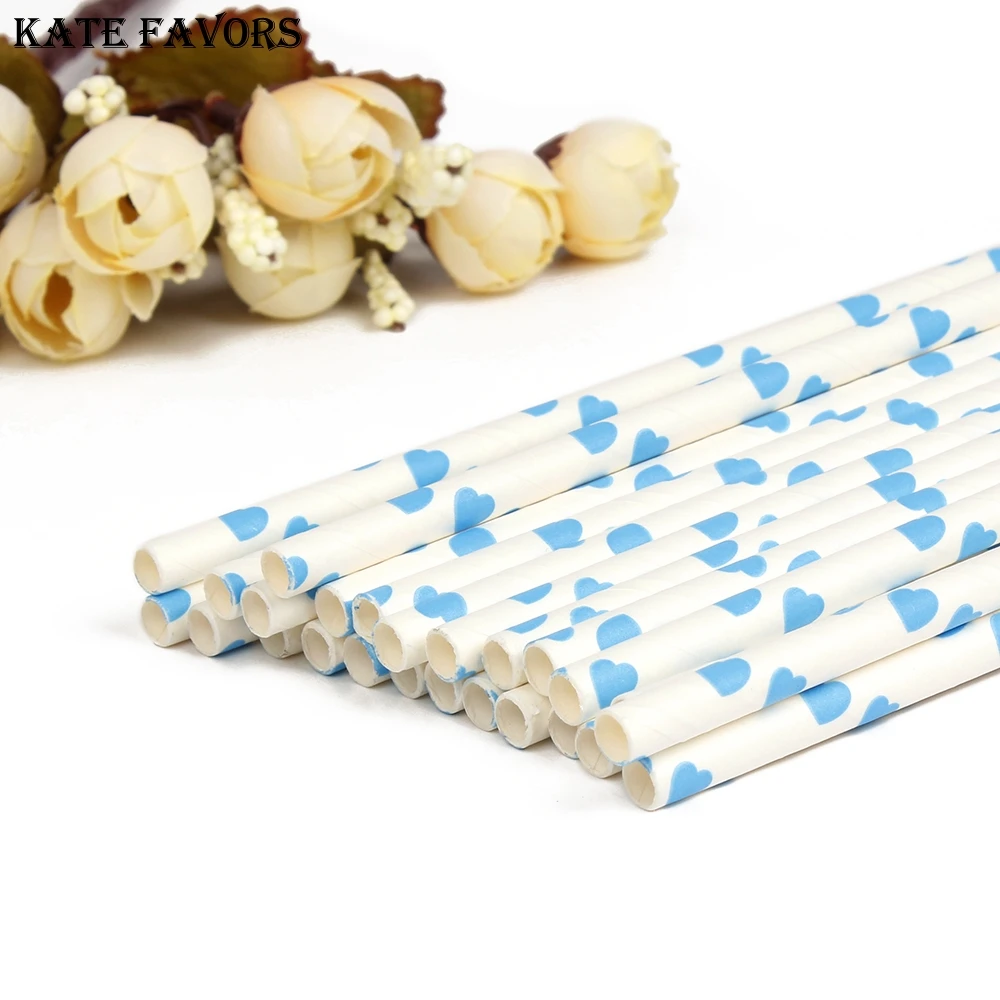 

Blue Hearts On White Paper Straws X25 Retro Cakepop Sticks Vintage Drinking For Christmas Wedding Party Celebration Decorations