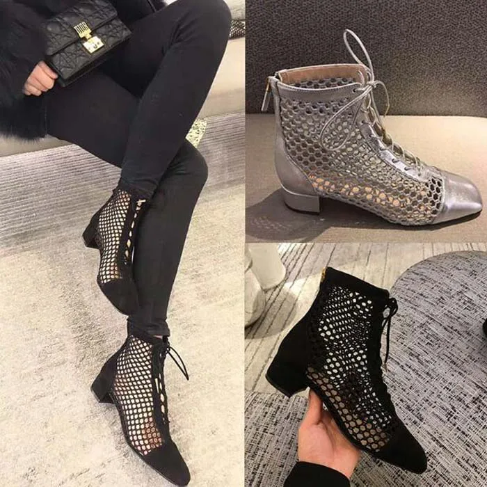 

Fashion Womens Ankle Boots Mesh Shoes Sexy High Heels Lady Platform Pumps Lace Up Shoe Female aa1005