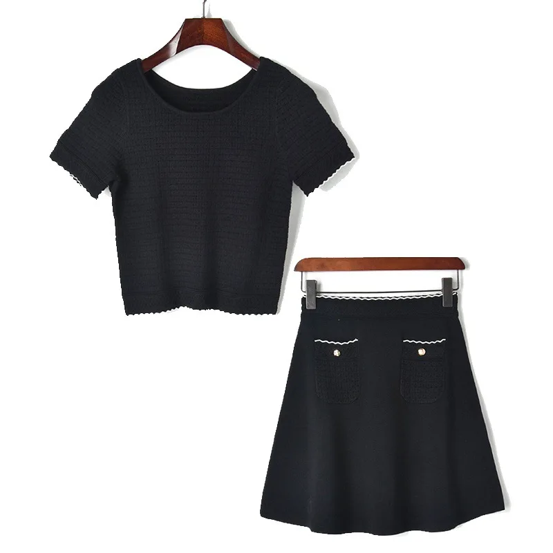 

2019 Summer New Arrival Black Color Two Piece Set Roupas Feminina Mini Skirt Knitted Suits Clothes for Women Short Sleeve