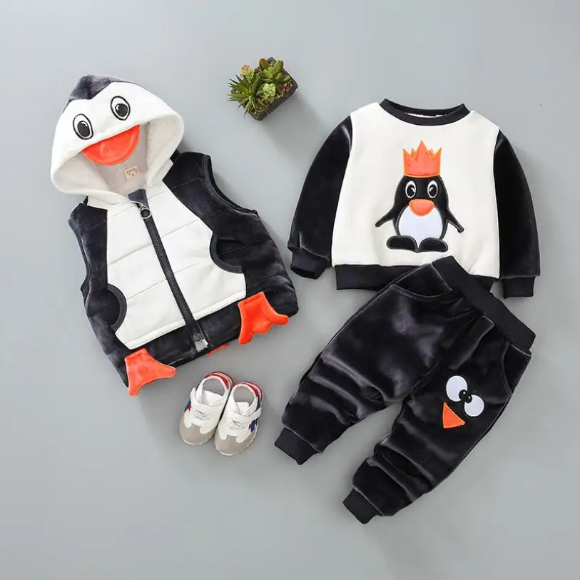 

Children's clothes set cartoon penguin good quality winter Gold velvet suit thivker 3 pcs sets boy and girl clothes ws33