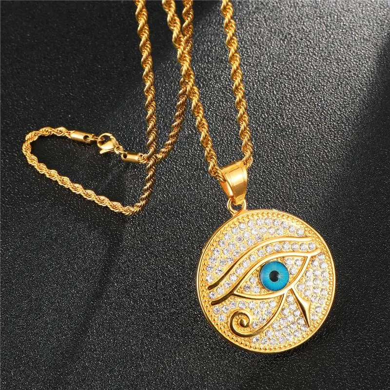 

HIP Hop Stainless Steel Bling Iced Out Evil Eye Round Necklaces & Pendants Gold Filled Natural Stone Necklace For Men Jewelry