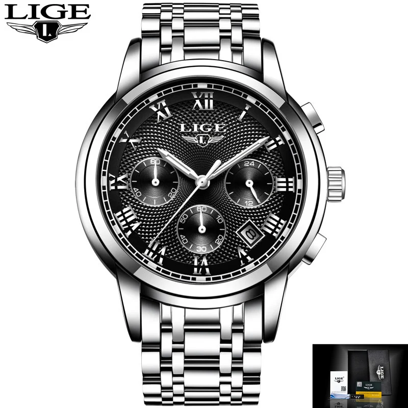Relogio Masculino LIGE новые часы Для мужчин Элитный бренд хронограф Для мужчин спортивные часы Водонепроницаемый полный Сталь кварцевые Для мужчин часы - Цвет: Silver black