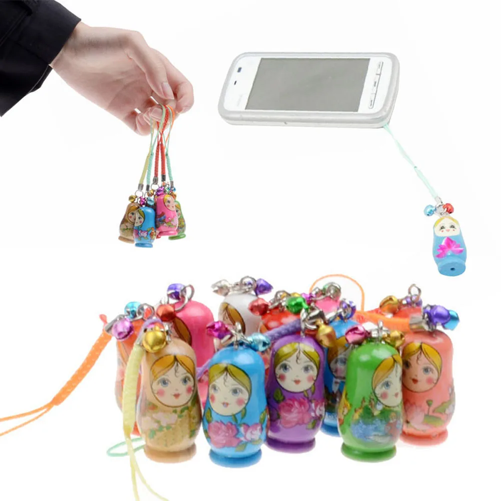 

6 Pcs/Set Matryoshka Doll Hanging Ornament With Strap Wooden Keychain Handbag Phone Accessories KidsToy Gifts S7JN