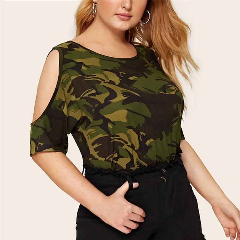 Женская футболка с круглым вырезом и открытым плечом SAGACE размера плюс Camo Print Camisetas