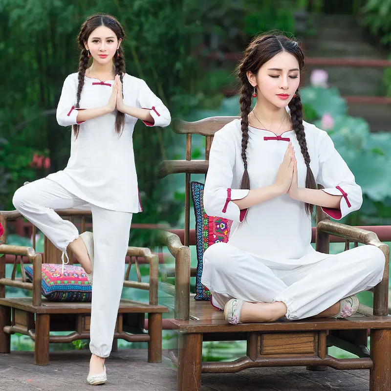 Women Yoga Suit Loose Trousers Tops Set Tai Chi Clothing Ladies Linen