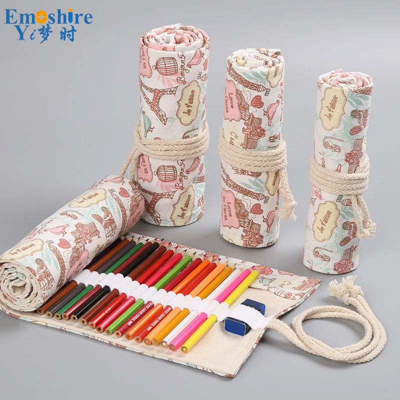 Emshire Paris Tower small fresh canvas handmade curtain 12 24 36 48 72 hole volume pencil case pen color lead storage (1)