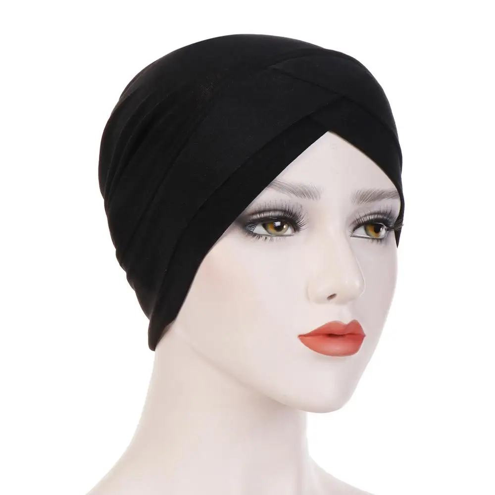 Мусульманская женская эластичная Крестовая тюрбан из хлопка, шляпа с раком, шапочка при химиотерапии, головной убор, головной убор, покрытие для выпадения волос, аксессуары - Цвет: Black