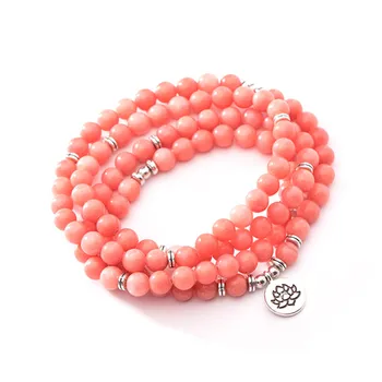 

New Design 108 Mala Natural Pink Jadeite Stone Beaded Bracelet Necklace Yoga Silver Lotus Pendant Bracelets For Women Meditation