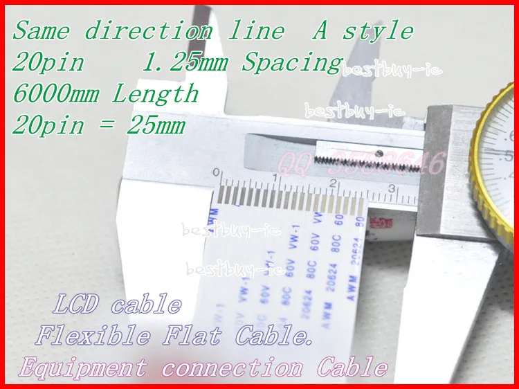 

1.25mm Spacing + 6000mm Length +20P A / same direction line Soft wire FFC Flexible Flat Cable. 20P *1.25A *6000MM