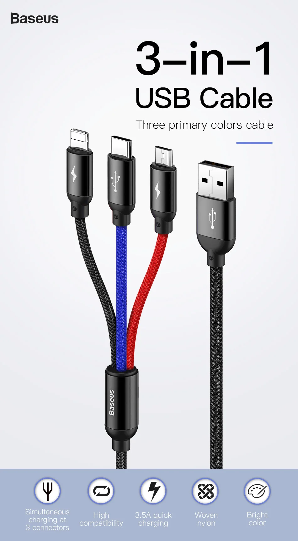 Baseus 3 в 1 USB кабель для iPhone samsung Xiaomi мульти Быстрая зарядка зарядное устройство usb type C type-c Micro USB кабель для мобильного телефона
