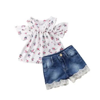 

Kids Baby Girl Floral Off Shoulder Tops T-shirt Denim Shorts 2PCS Outfit Ruffles Lace Children Girls Pant Sets 0-4T