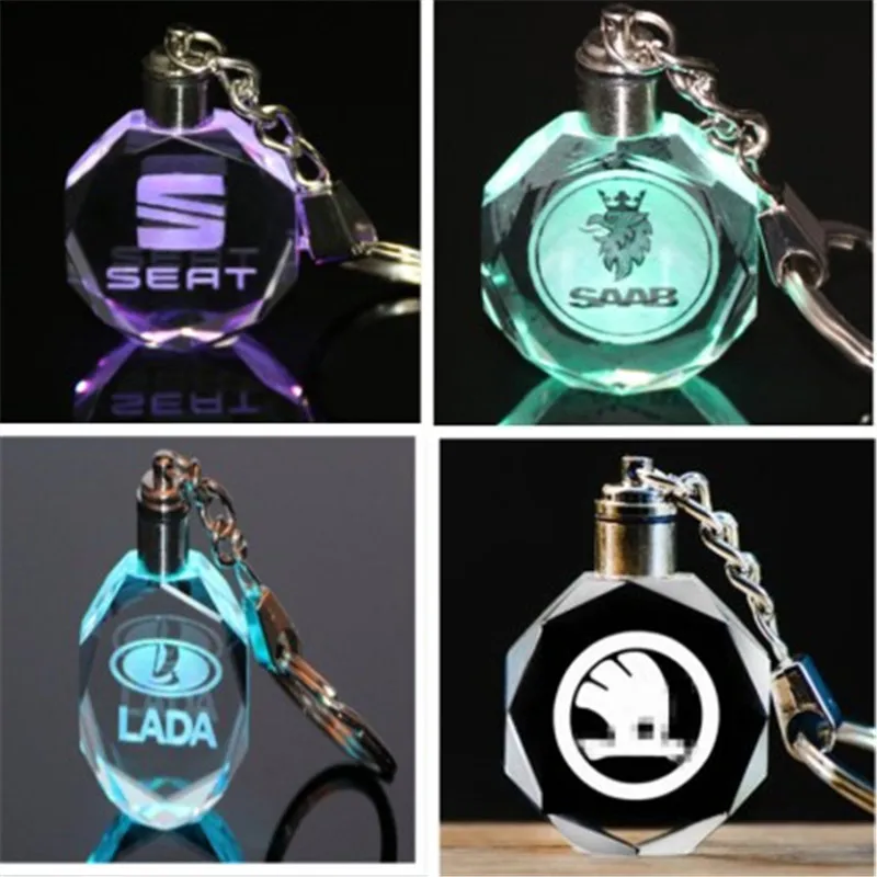 

Customized Car Logo Keychain Laser Engraved Crystal Keyring Styling Keychain with Colorful LED Light Souvenir Drop Shipping 5208