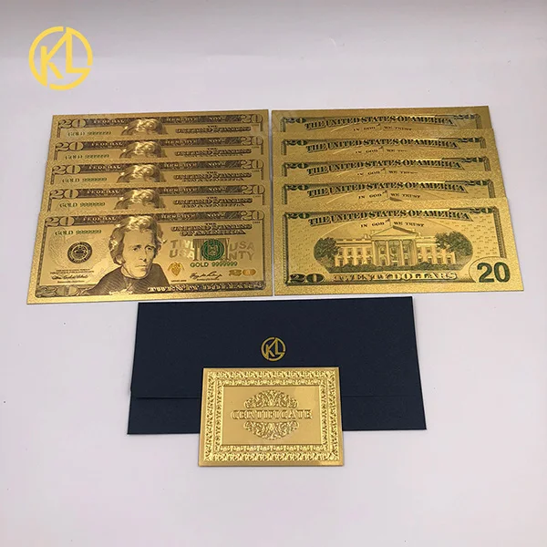10 шт./лот Санта Клаус золото банкнота из Фольги Красочные USD 2 доллара Золотой банкнот с сертификатом, производство Китай, позолота, рождественский подарок - Цвет: USD20
