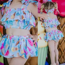 Комплект бикини с рисунком мороженого для маленьких девочек, топы с принтом, короткие штаны, платье, купальный костюм, купальный костюм, пляжная одежда