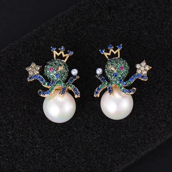 

Personality Multicolor Snowman Crown Pearl Pierced Full CZ Stud Earrings For Women Girls