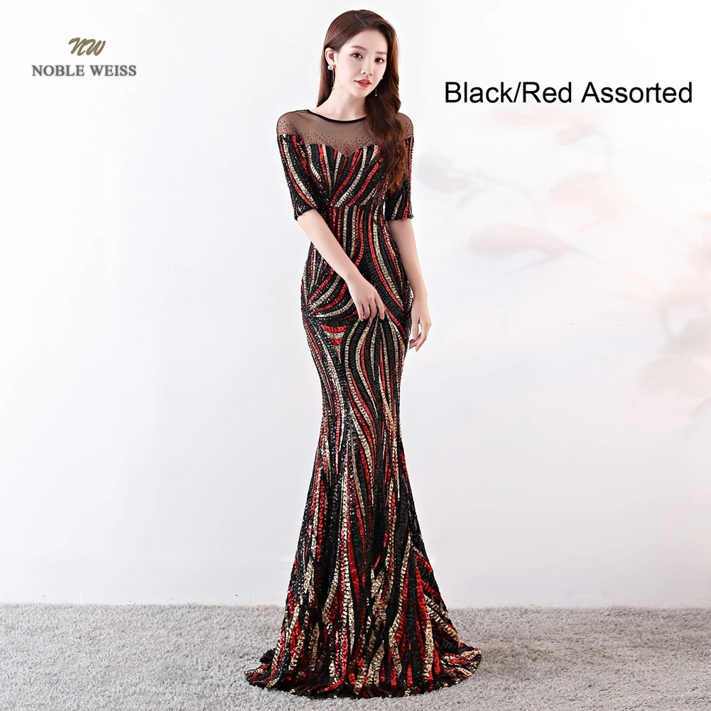 Вечерние платья с длинным круглым вырезом, цветное платье для выпускного вечера, вечерние платья, вечернее платье с коротким рукавом - Цвет: Black Red Assorted