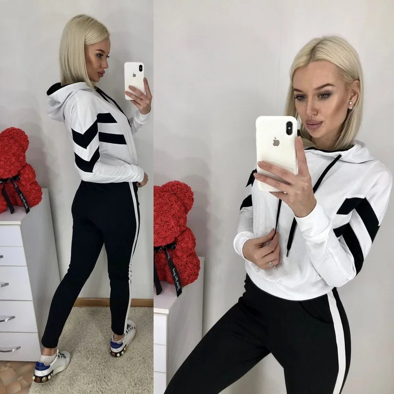 Hoodies Women Winter Harajuku Hoodie Sweatshirts 2pcs Tracksuit Set Tops and Pants Side Stripe Female Clothing Suits Activewear