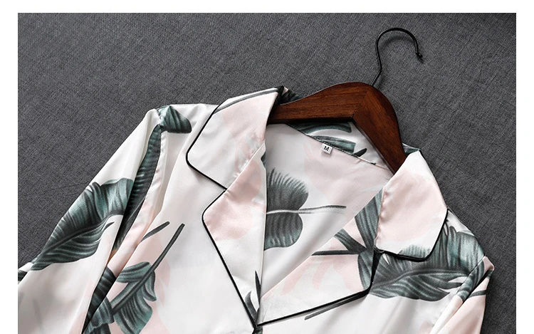 Queenral 2 PCS Silk Satin Women Pajama Set Sleepwear Long Sleeve Trousers Lingerie Homewear Pijamas For Woman Home Suit Printing3