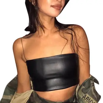 

fashion sexy mini-strap dew navel pu short vest tanks top slim tank halter sleeveless black bustier crop tops for women summer