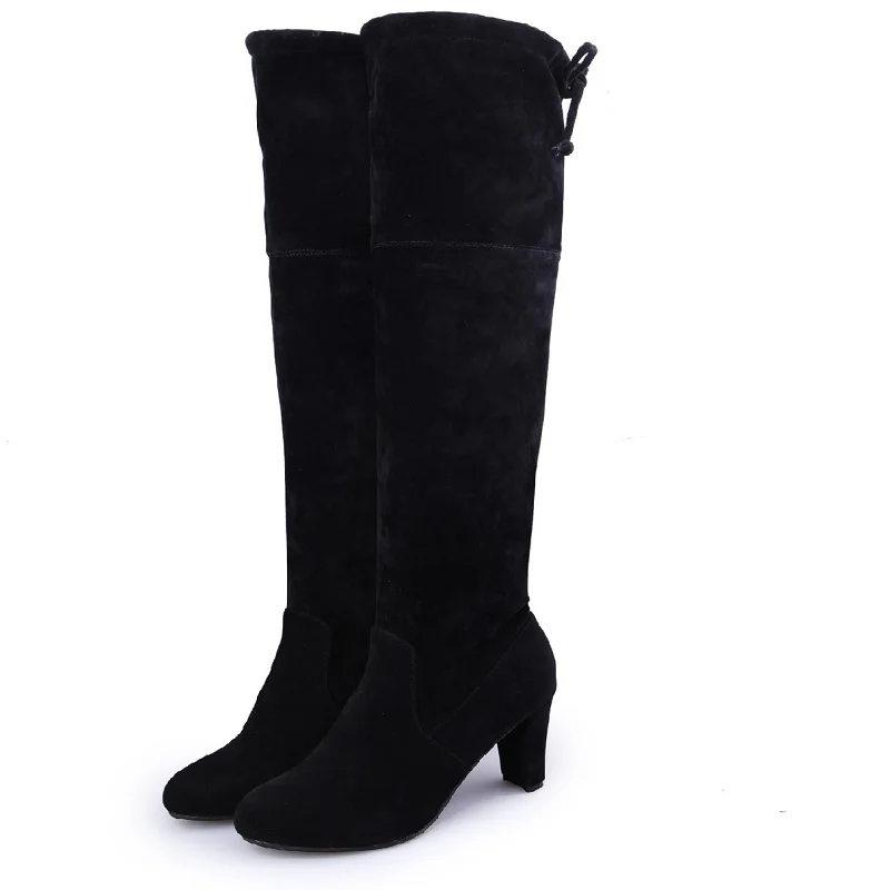 

2018 winter new high-heeled suede women's boots Korean version of the thick with fashion round head back tie black ljj 1108