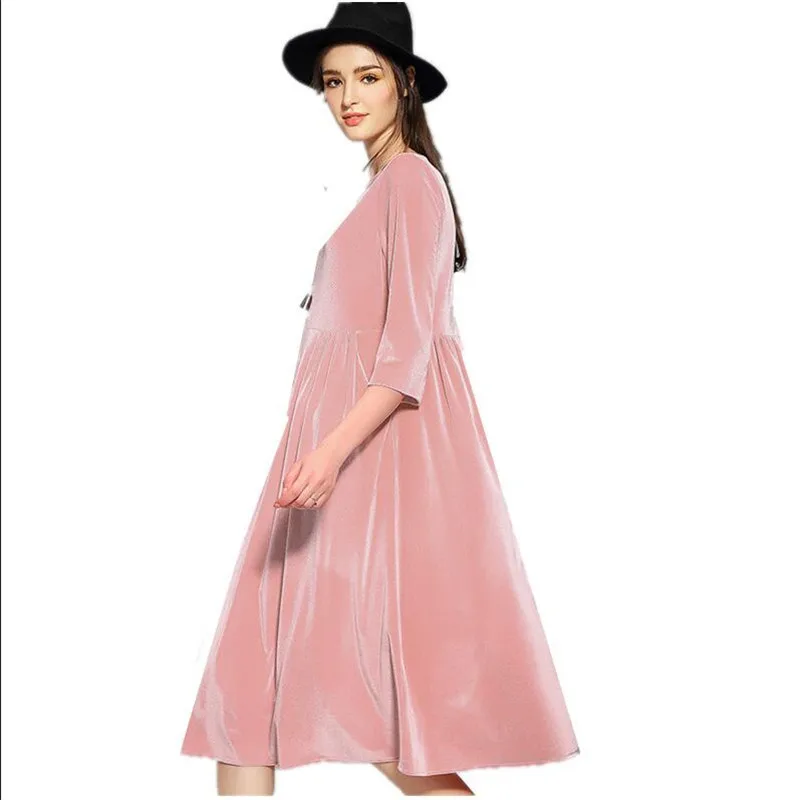 Зимние Бархатные платья больших размеров, винтажные однотонные платья трапециевидной формы с рукавом три четверти и карманами, повседневные весенние вечерние велюровые платья - Цвет: Розовый