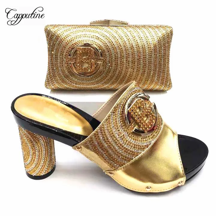 

Wonderful high heel lady pump shoes and evening bag sets with rhinestones for party AS665-1 in gold, 6color heel height 10cm