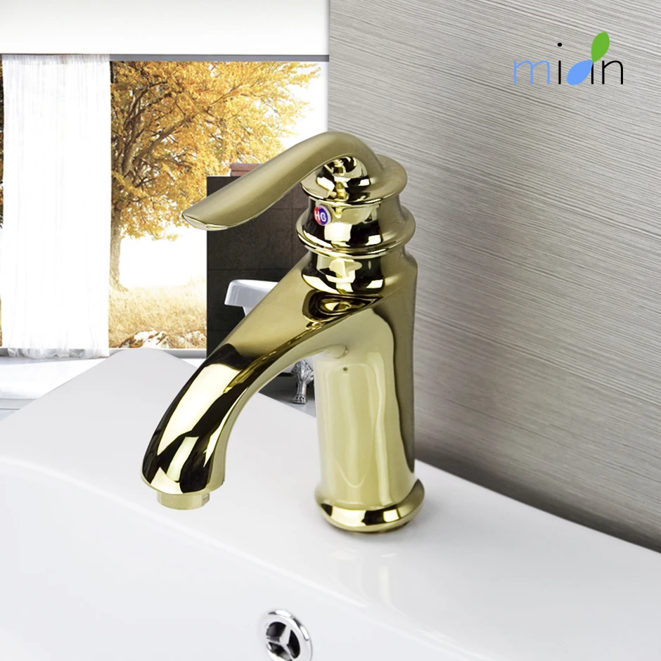 Bathroom Contemporary Golden Basin Sink Deck Mounted Brass Body Single Hole Bathroom Ceramic Single Handle Faucet