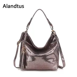 Alandtus сумка женская через плечо, кожаная женская сумка с ручкой, роскошные женские сумки с кисточкой, сумки женские с змеиными принтами