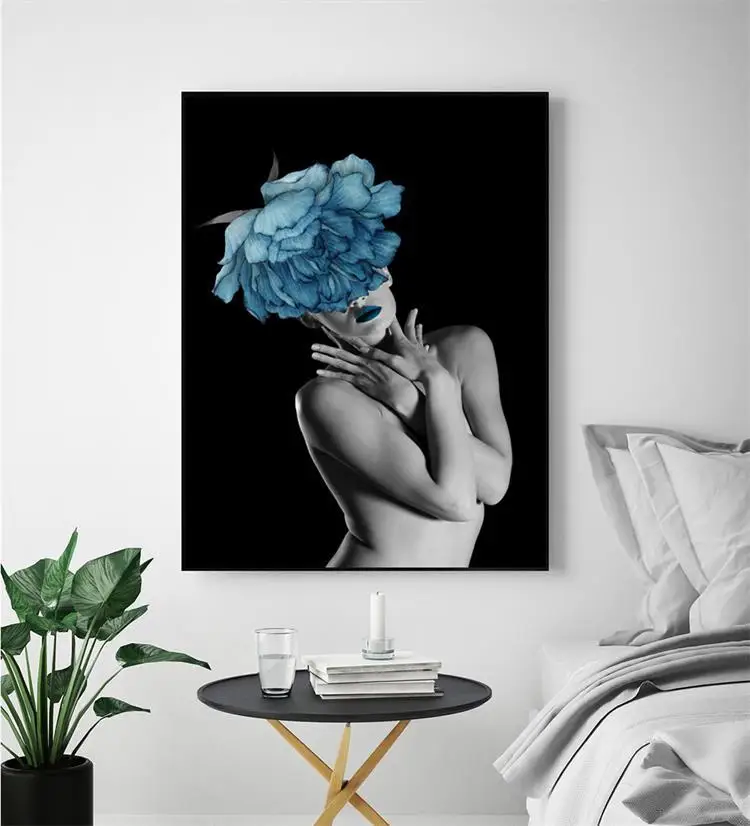 Nordic синие цветы Для женщин sexy baby Печать холст Картина Плакаты Home Decor картины