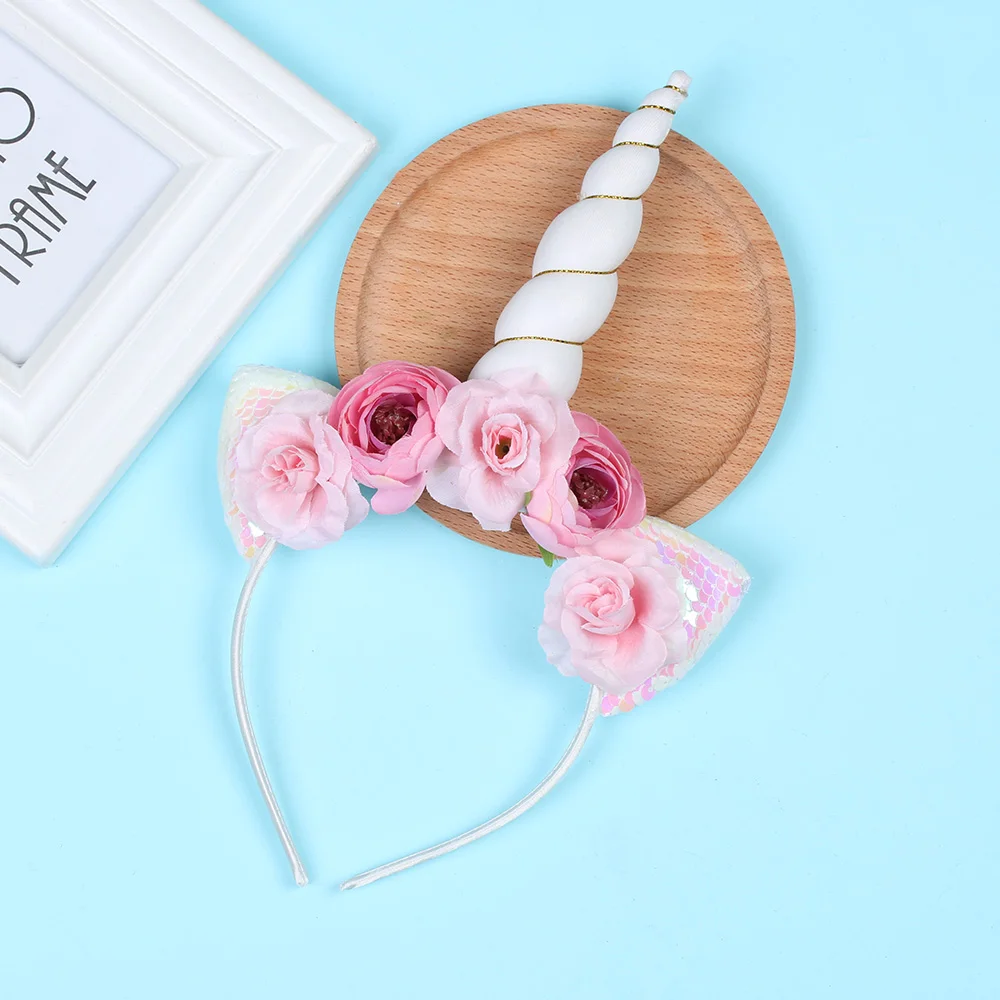 

Hot Sale 1 PC baby girls Tiara Glitter Metallic Rainbow Bowknot Unicorn Horn with Flowers headband For Chritmas Birthday Party