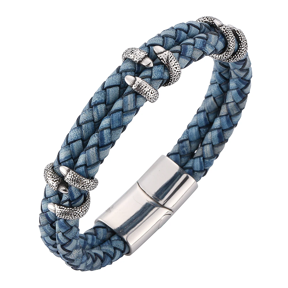 

High quality business men's woven double leather bracelet Stainless steel magnetic buckle fashion couple bracelet 7-SP0249