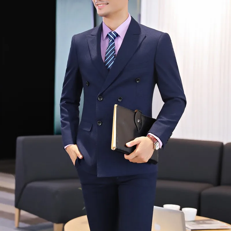 Hommes-Costume-de-Bureau-D-affaires-Porter-Double-Boutonnage-Solide-Gris-Marine-Noir-Veste-et-Pantalon_