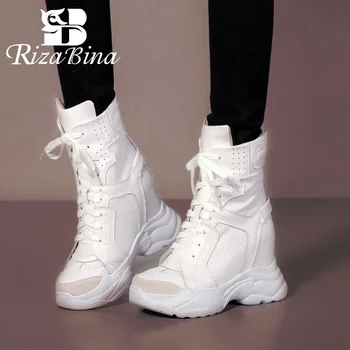

RizaBina Fashion Women Genuine Leather Ankle Boots Wedges Lace Up Breathable Warm Shoes Women Inside Heel Shoes Size 32-40