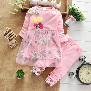 

Girls casual print flowwer clothing sets children's mesh top + pants 2 pcs suits spring and autumer clothes for kids