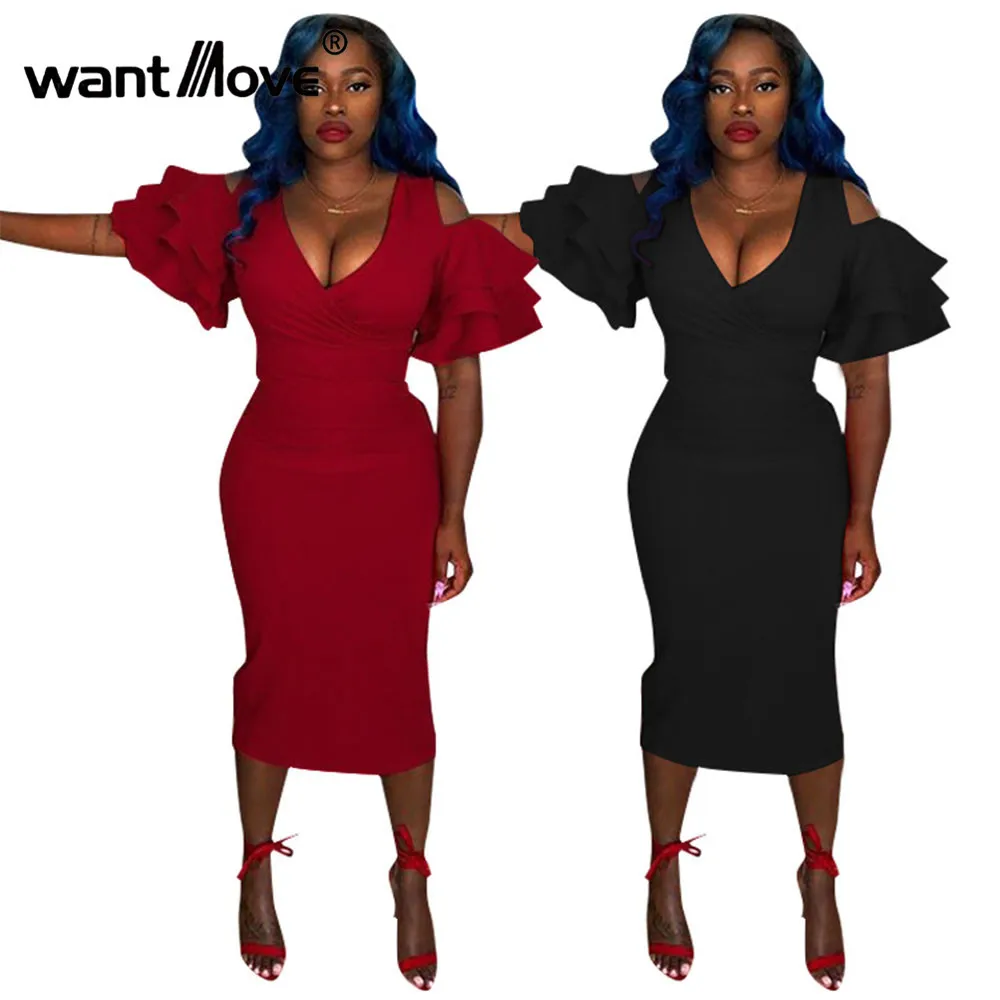 

Wantmove 2018 Summer Fashion New Dress Deep V Slim Sexy Short Sleeve Solid Color Fishtail Midi Dress WM366