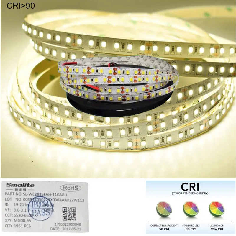 3Years Guarantee  High CRI+90 2835 12V 24V 2835 LED Light Strips  For Home 8mm Width  120LED/m 0.2W/LED 45W/5m/lot No-Waterproof