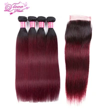 Queen Love Hair Ombre Straight Human Hair Bundles With Closure #1B/99J Brazilian Non Remy Hair Weave 4 Bundles With Lace Closure