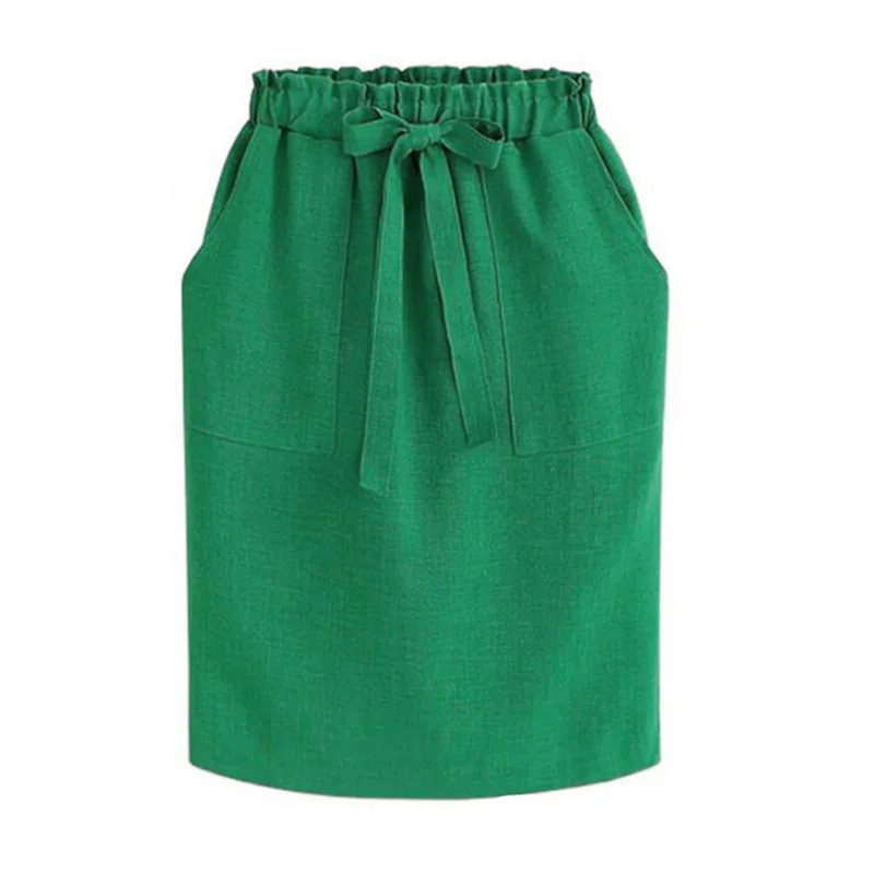 Весенне-Летние Элегантные миди-юбки, Женская офисная юбка-карандаш, хлопковая юбка с эластичной резинкой на талии, посылка на бедрах, зеленая юбка с бантом, новинка