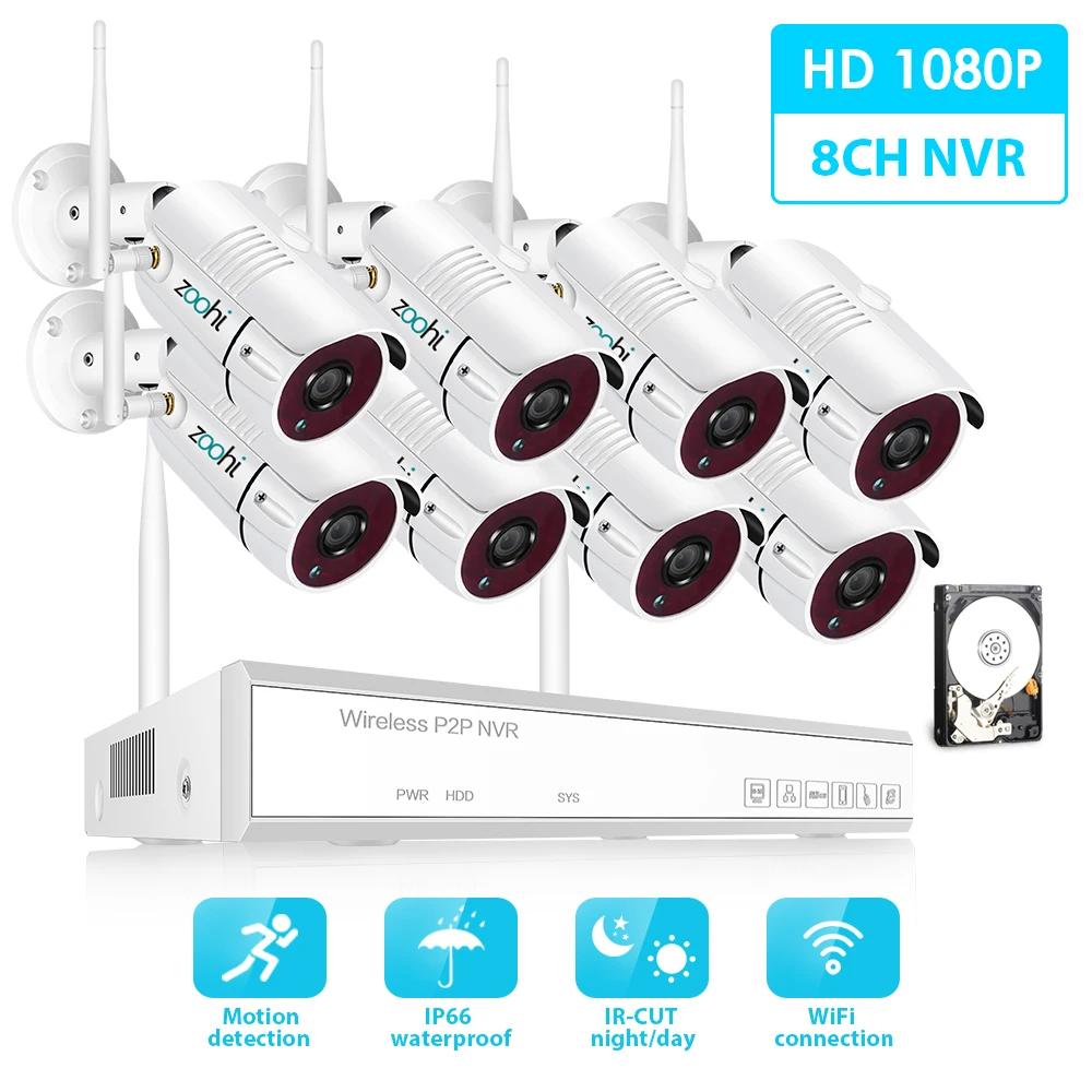 

Zoohi 1080P HD Wireless Security Camera System 8CH 2.0MP WiFi Video Surveillance Camera System Kits IP66 Outdoor Night Vision