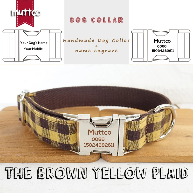 

MUTTCO engraved pet collar individual customized necklace THE BROWN YELLOW PLAID flexible basic collar leash 5 sizes UDC067