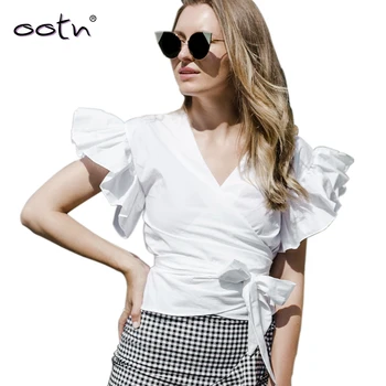 

OOTN White Woman Blouses Butterfly Sleeve Casual Shirt Summer Top Short Sleeve Blouse Women Sexy V Neck Kimono Ruffle 2019