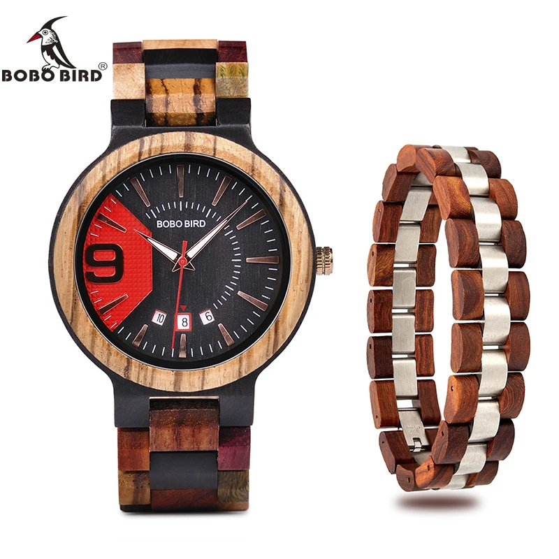 BOBO BIRD Men Fashion Wood Watch With Bracelet Auto Date Show Best Gift Male Quartz Wristwatch relogio masculino In Box V-Q13