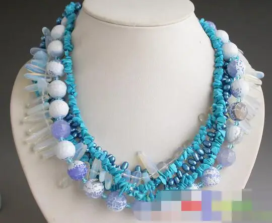 

song voge gem nanJ0486 5row white round faceted agate blue pearl turquoise opal NECKLACE