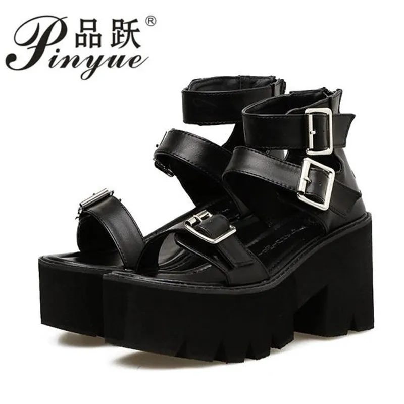 

Ankle Strap Summer Fashion Women Sandals Open Toe Platform Shoes High Thick Heels Female Black Unique Party Shoes 35-40