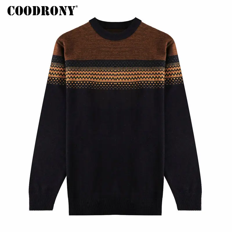 

COODRONY Christmas Winter Thick Warm Merino Wool Sweater Men Knitted Cashmere Pullover Men Casual Striped O-Neck Pull Homme 7345