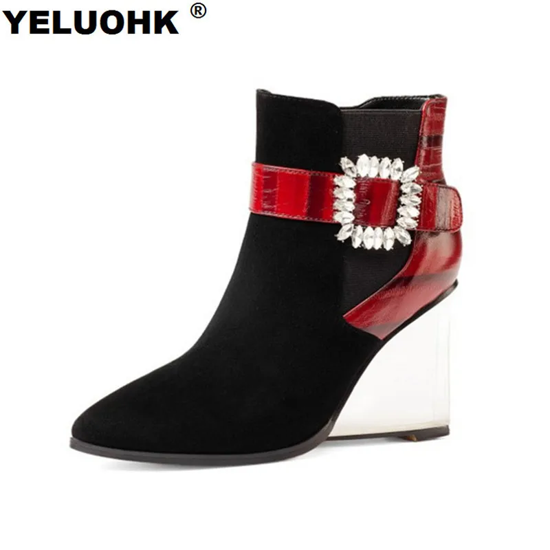 

Crystal Women Autumn Shoes Ankle Boots For Women Pointed Toe Women Genuine Leather Boots Transparent Heel Shoes Women High Boots