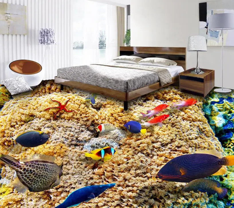 

pvc vinyl flooring custom stereoscopic 3d waterproof wallpaper Tropical Fish 3d floor painting self-adhesive wallpaper