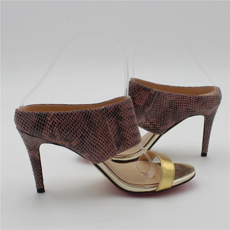 Enmayla/Летняя обувь новые женские сандалии без застежки с принтом змеи серебристого и золотистого цветов женские пикантные шлепанцы на высоком каблуке с открытым носком