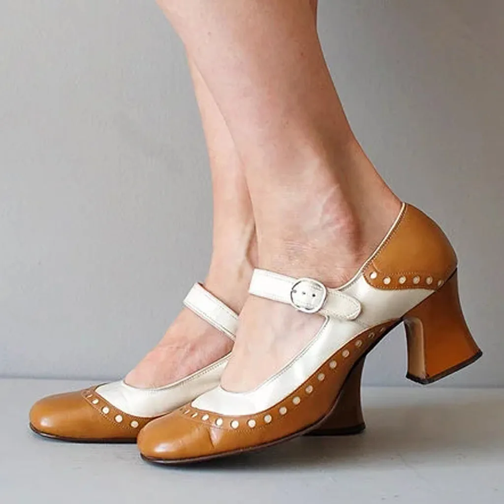 

women sandals genuine leather Retro Womens Non-Slip Bow Buckle Strap Party Single shoes Pumps High Heel white brown Sandal